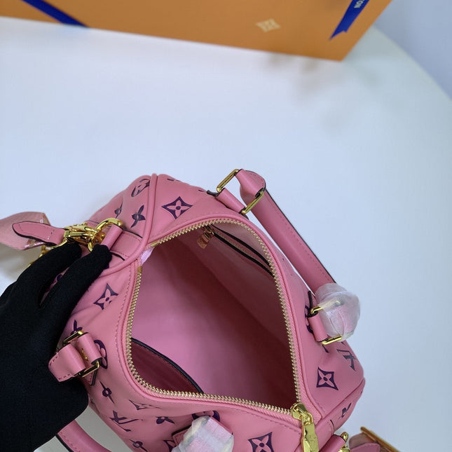 SPEEDY 22 PINK BLACK MONOGRAM EMBOSSED LAMBSKIN