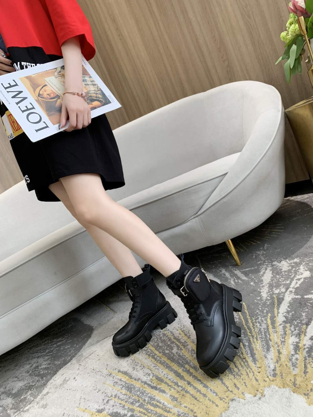 PRADA 26S HIGH TOP MONOLITH SHOES IN BLACK CALFSKIN AND FABRIC WITH POUCH
