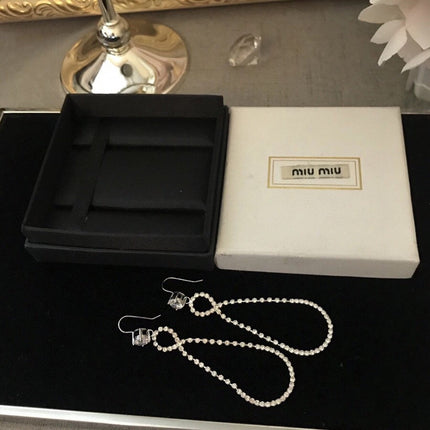 MIUMIU 26S CRYSTAL DOUBLE LOOP DROP EARRINGS IN SILVER TONE METAL 630846