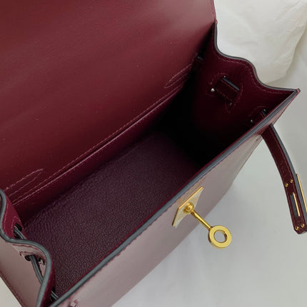 KELLY MINI 20 BAG IN WINE RED SMOOTH CALFSKIN WITH GOLD HARDWARE