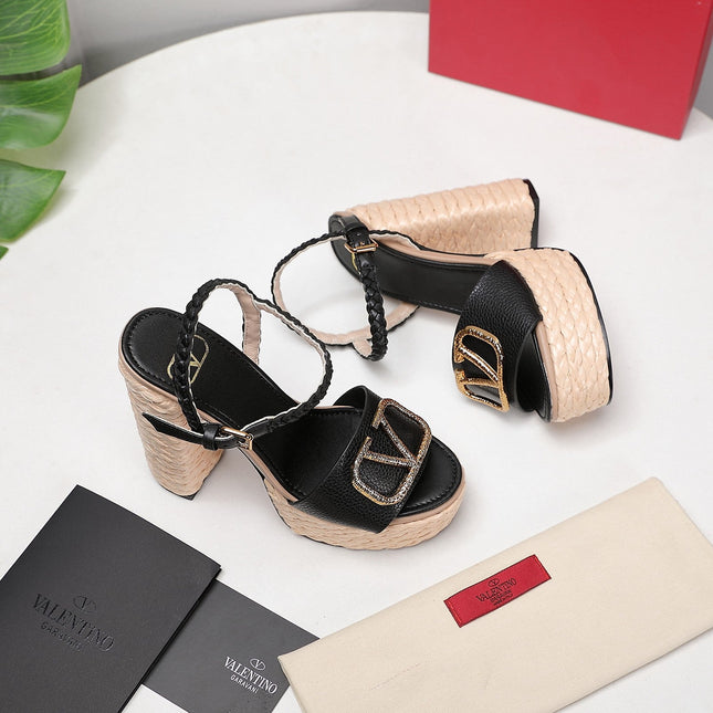 VLTN ESPADRILLE WEDGE SANDALS 25S 130 MM IN BLACK LAMBSKIN WITH GOLD HARDWARE