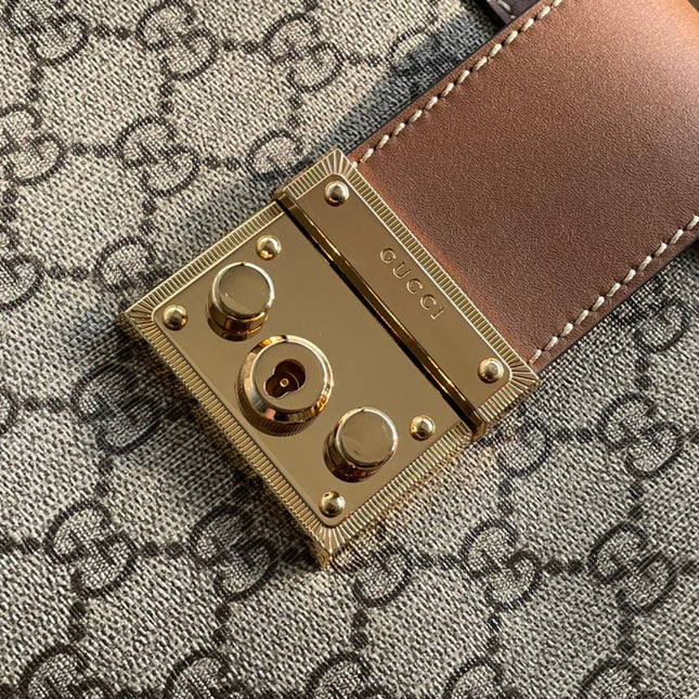 GG PADLOCK LARGE 35 SHOULDER BAG BEIGE CANVAS AND BROWN CALFSKIN