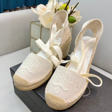 PRADA 26S ESPADRILLE HIGH HEEL SANDALS IN IVORY WHITE CANVAS