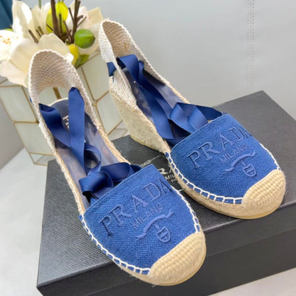 PRADA 26S ESPADRILLE HIGH HEEL SANDALS IN BLUE CANVAS