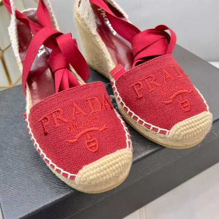 PRADA 26S ESPADRILLE HIGH HEEL SANDALS IN RED CANVAS