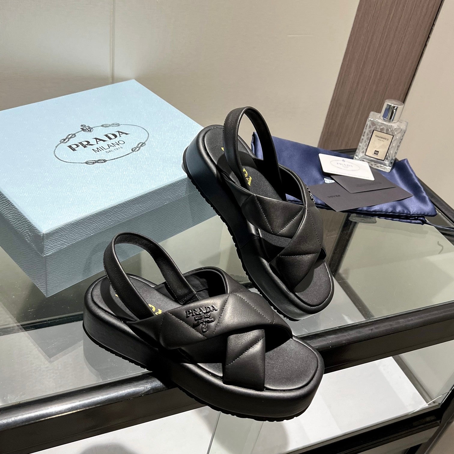 PRA PADDED CRISSCROSS SANDALS BLACK LAMBSKIN