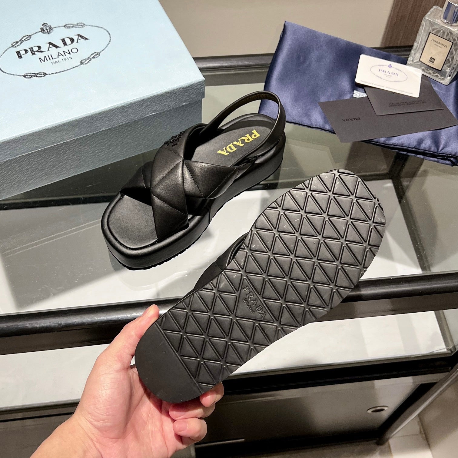 PRA PADDED CRISSCROSS SANDALS BLACK LAMBSKIN