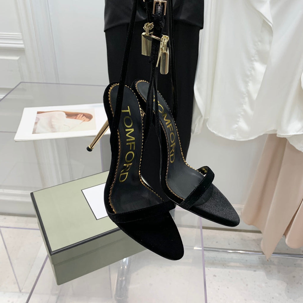 PADLOCK HIGH HEEL 10 CM SANDAL IN BLACK VELVET