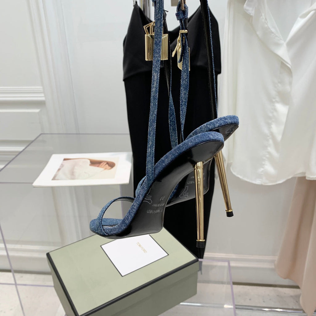 TOM FORD 26S GOLD BUCKLE HEELS 105 MM IN BLUE DENIM