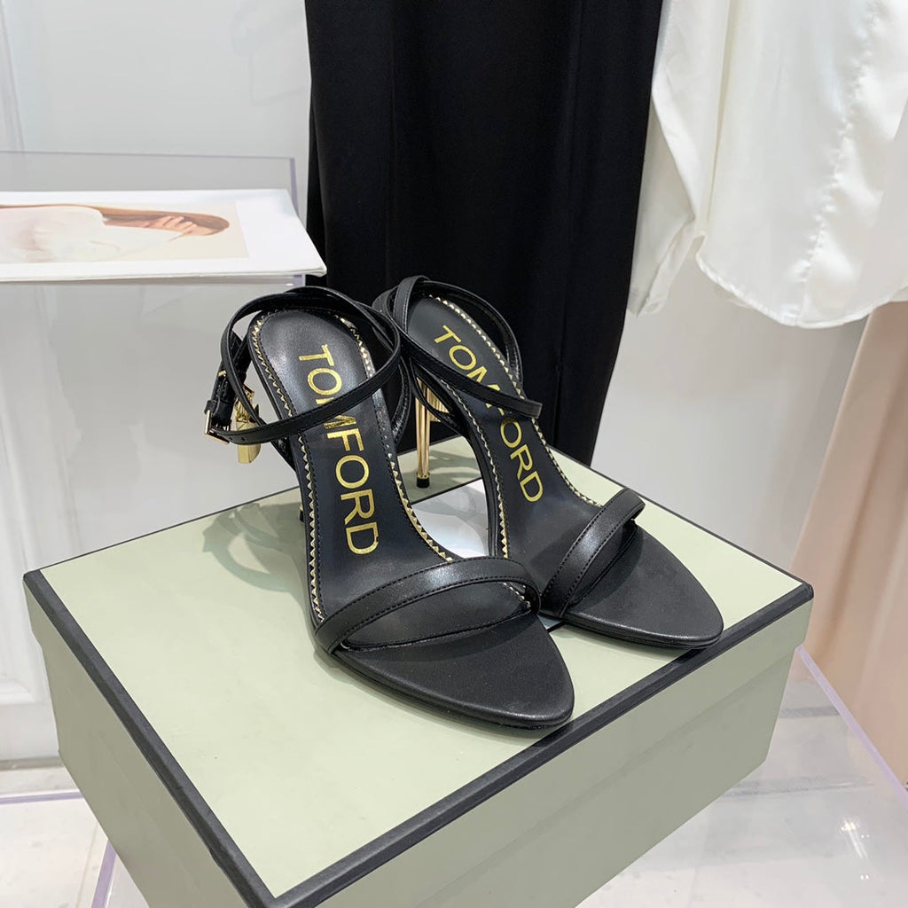 PADLOCK HIGH HEEL 10 CM SANDAL IN BLACK SHEEPSKIN