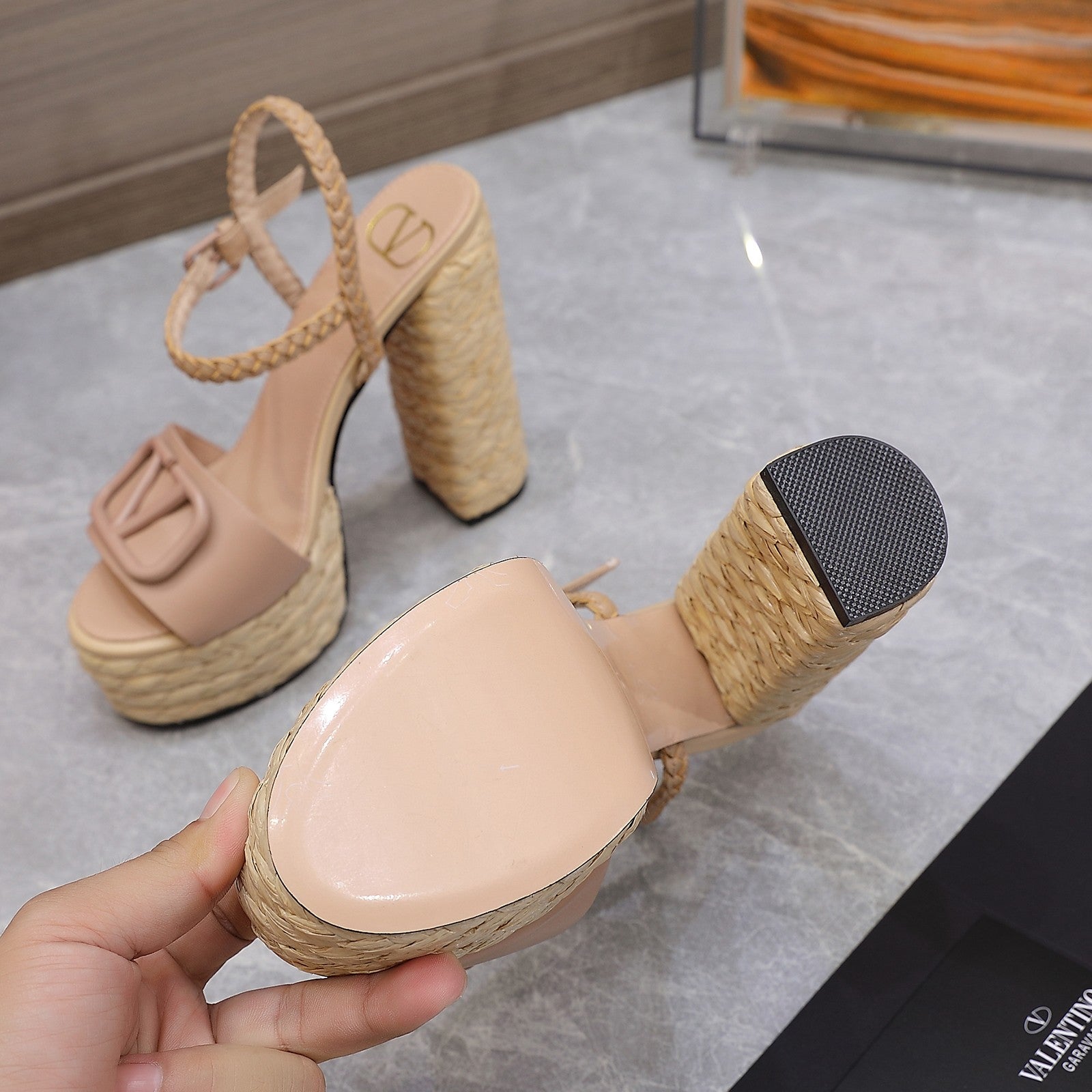 VLTN ESPADRILLE WEDGE SANDALS 25S 130 MM IN MUTED PEACH BEIGE LAMBSKIN