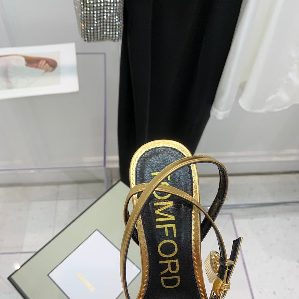 PADLOCK HIGH HEEL 10 CM SANDAL IN GOLD SHEEPSKIN