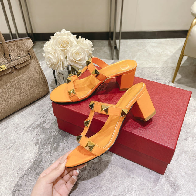 ROMAN STUD MANGO ORANGE CALFSKIN SLIDE SANDAL 60 MM