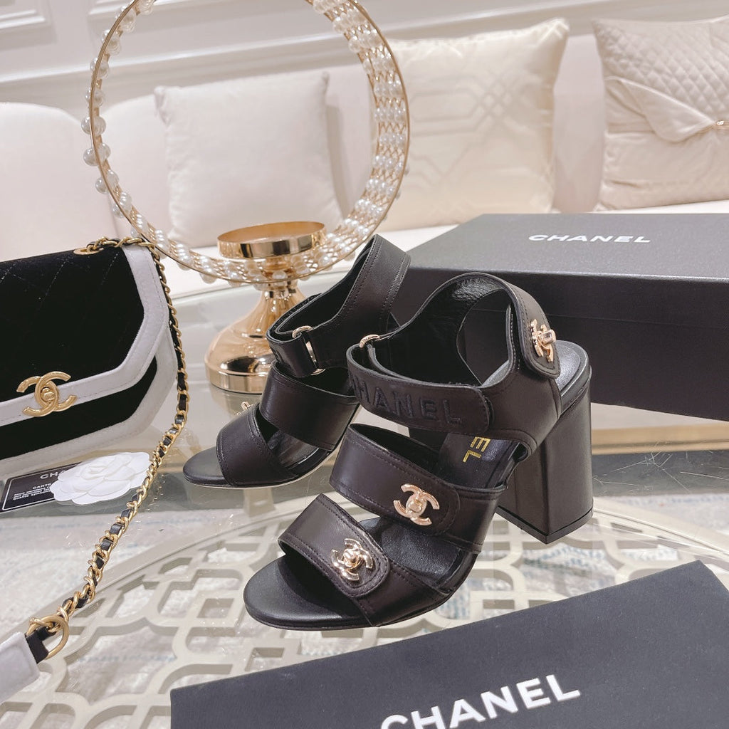 CC 3 STRAPS HIGH HEELS IN BLACK CALFSKIN