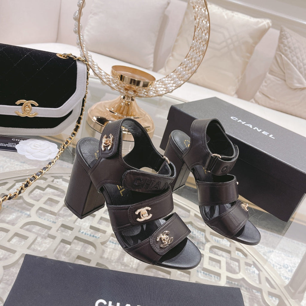 CC 3 STRAPS HIGH HEELS IN BLACK CALFSKIN
