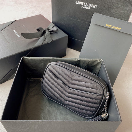 LOU MINI CAMERA BAG 19 IN BLACK CAVIAR PATTERN CALFSKIN SILVER HARDWARE