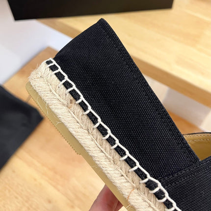 PRADA 26S EMBROIDERED LOGO ESPADRILLE FLATS IN BLACK CANVAS