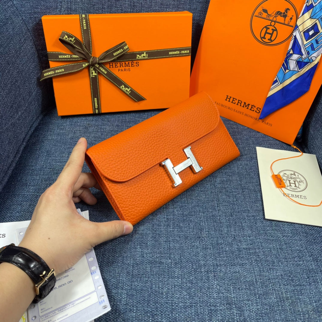 HM CLUTCH CONSTANCE 22 ORANGE CALFSKIN SILVER HARDWARE