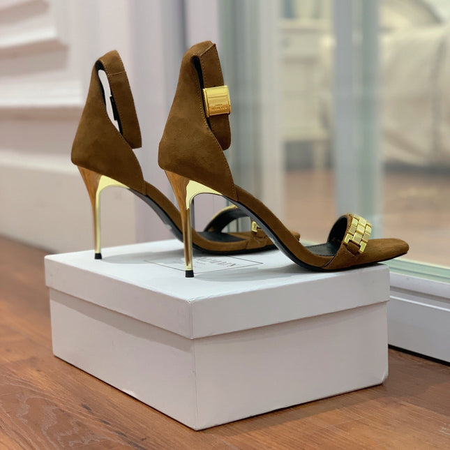BALMAIN 25S METAL STRAP HIGH HEELS 95MM IN BROWN SUEDE GOLD HARDWARE