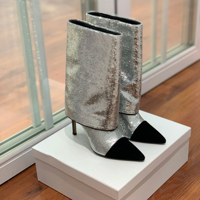 BALMAIN 26S BOOTS 105 MM IN SILVER GLITTER AND BLACK SUEDE