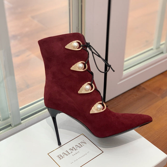 BALMAIN 26S BOOT 95 MM IN DARK RED SUEDE PEARL BUTTON