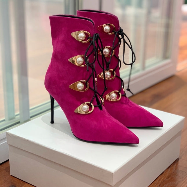 BALMAIN 26S BOOT 95 MM IN DARK PINK SUEDE PEARL BUTTON