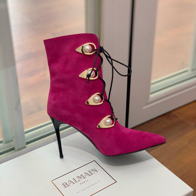 BALMAIN 26S BOOT 95 MM IN DARK PINK SUEDE PEARL BUTTON