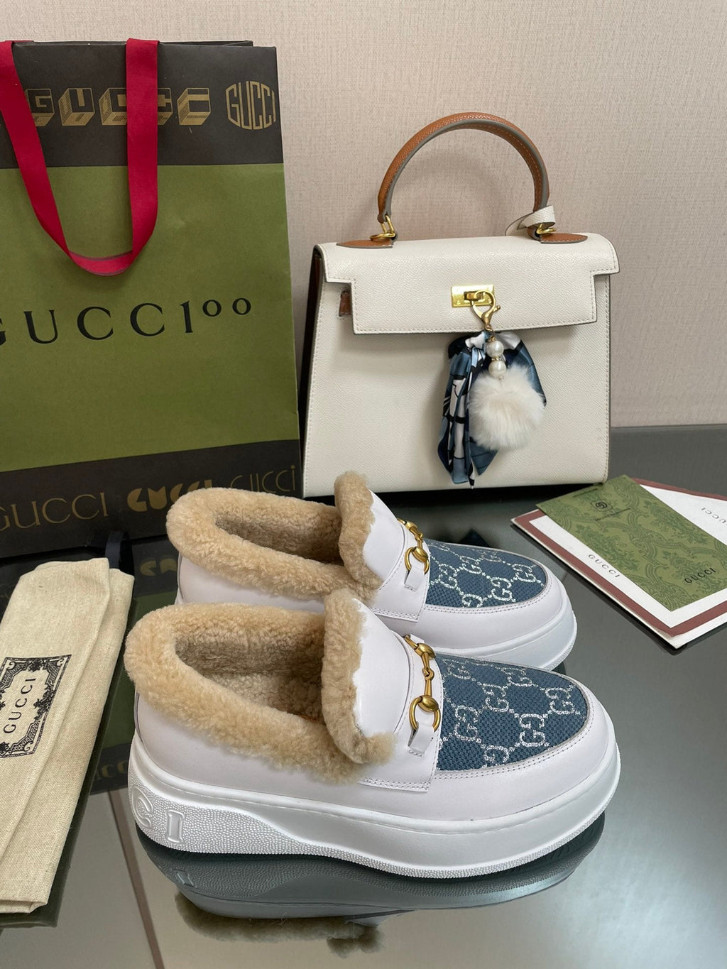 GG LOAFER IN BLUE JACQUARD MIX WHITE CALFSKIN WITH BEIGE WOOL LINING