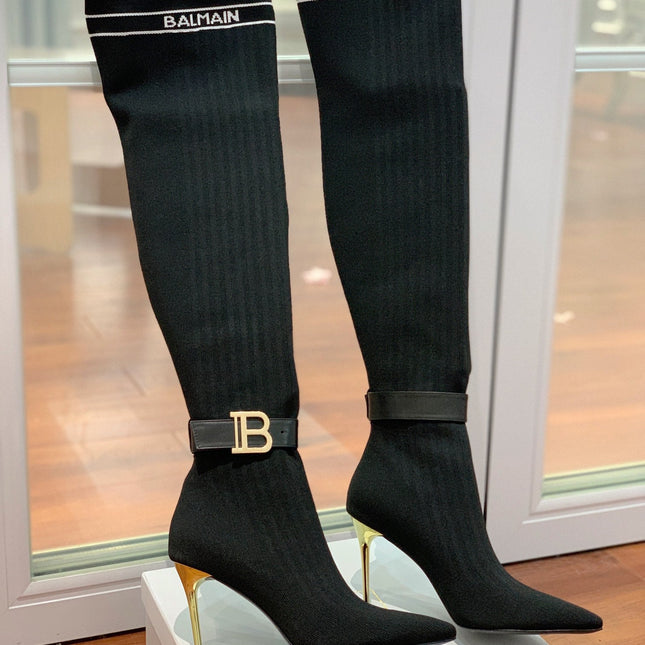 BALMAIN 26S HIGH-TOP BOOTS 105 MM IN BLACK FLYKNIT