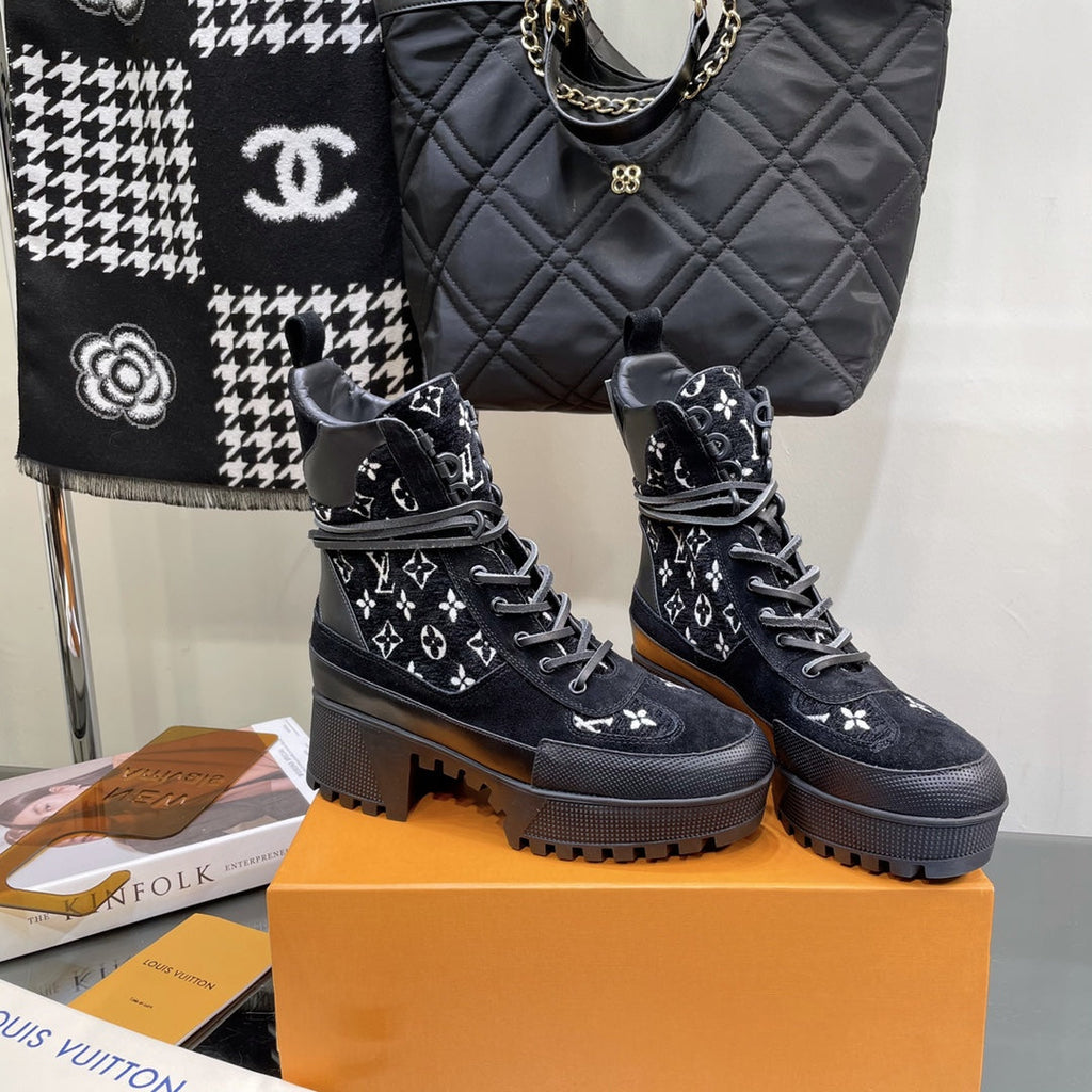 LAUREATE PLATFORM BOOTS IN BLACK MIX WHITE SUEDE AND MONOGRAM JACQUARD PATTERN