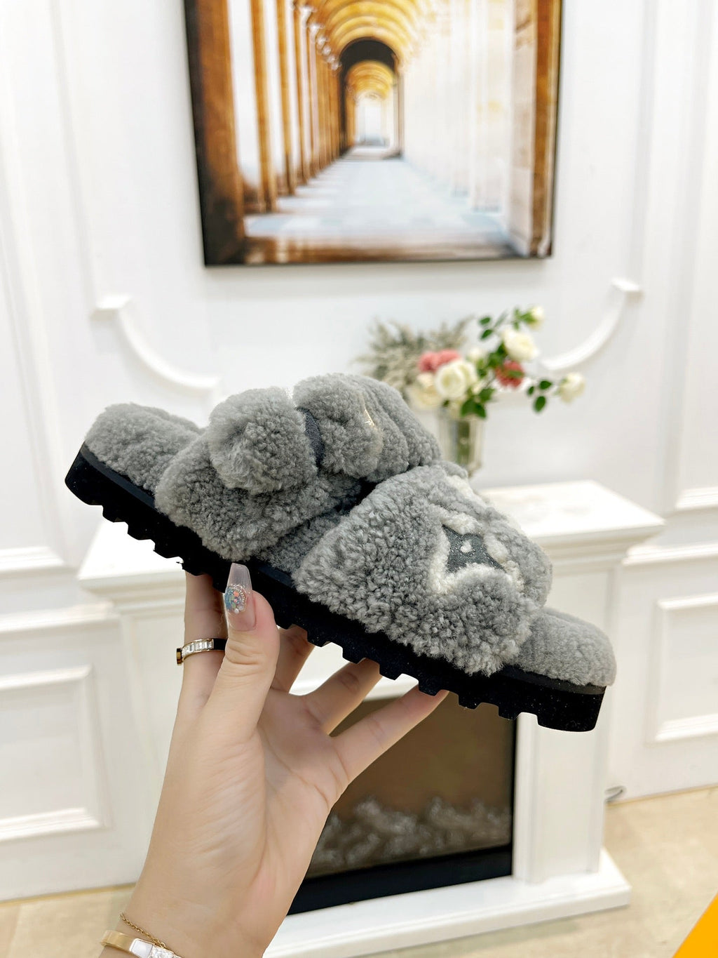 DAD SANDAL MULE IN SHADOW GRAY MIX WHITE FLEECE