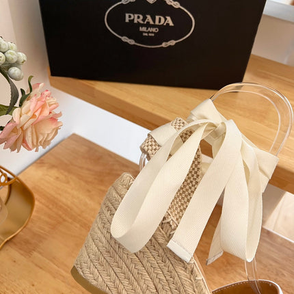 PRADA 26S ESPADRILLE HIGH HEEL SANDALS IN IVORY WHITE CANVAS WITH LOGO