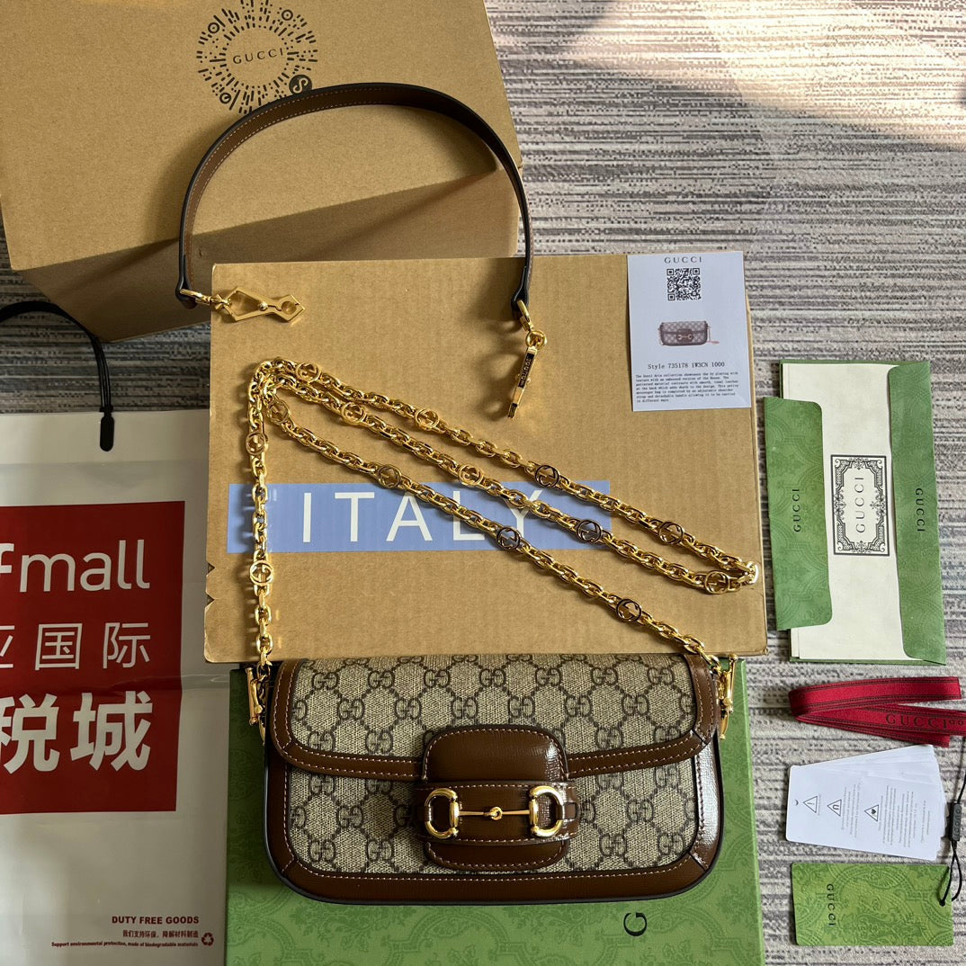 GG HORSEBIT 1955 BAG 24 IN BEIGE CANVAS AND BROWN CALFSKIN