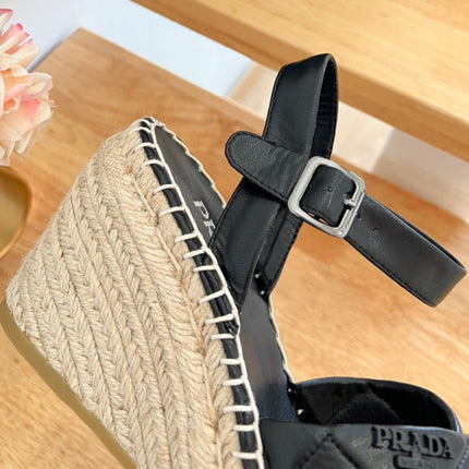 PRADA 26S CROSS STRAP ESPADRILLE WEDGE SANDALS IN BLACK CALFSKIN