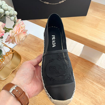 PRADA 26S EMBROIDERED LOGO ESPADRILLE FLATS IN BLACK MESH AND CALFSKIN