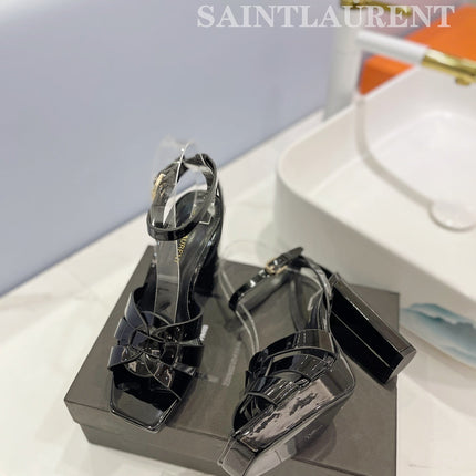 SL TRIBUTE FLATFORM SANDALS GLOSSY BLACK CALFSKIN