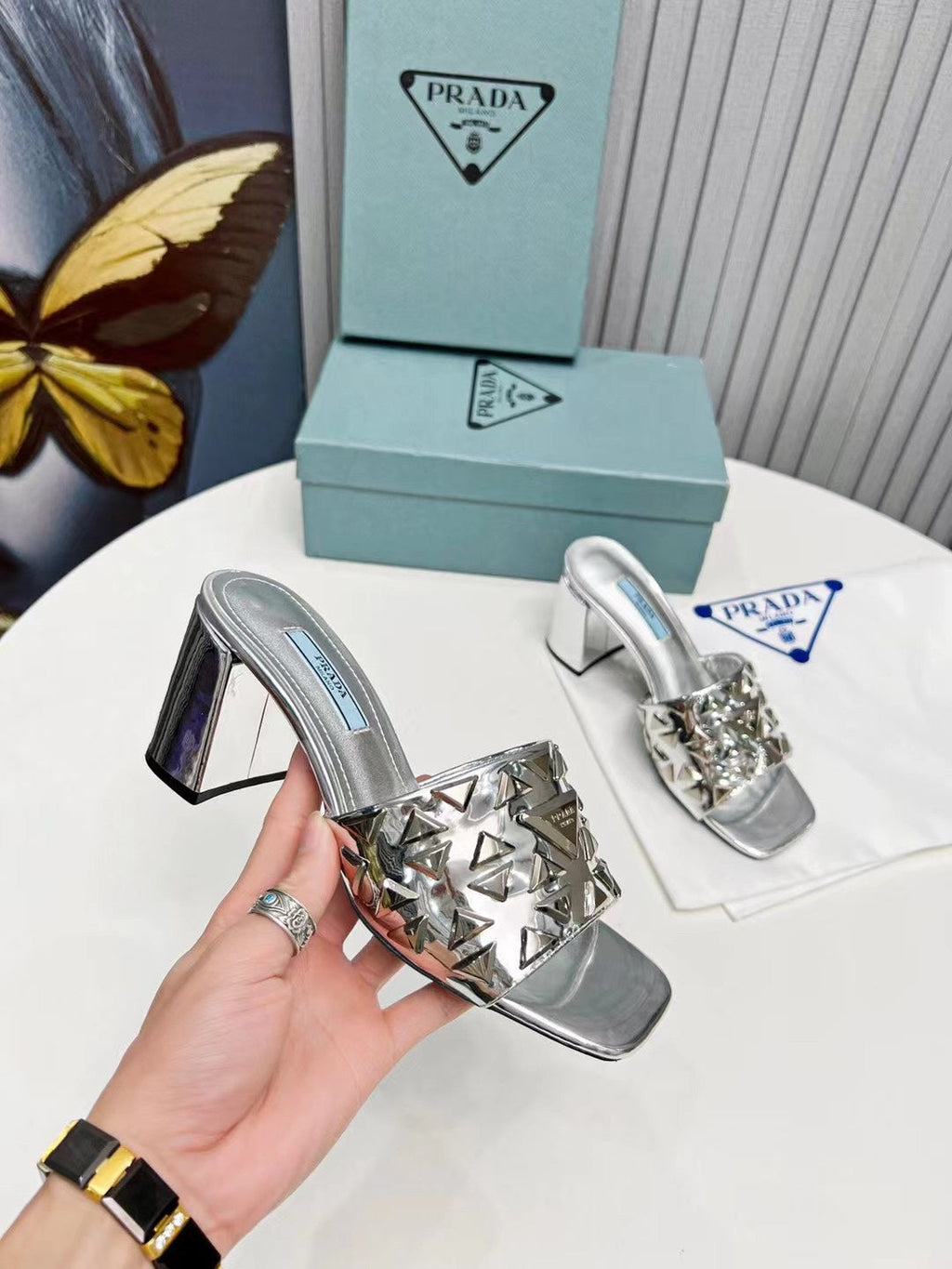 PRA EMBROIDERED SANDALS 65 SILVER CALFSKIN