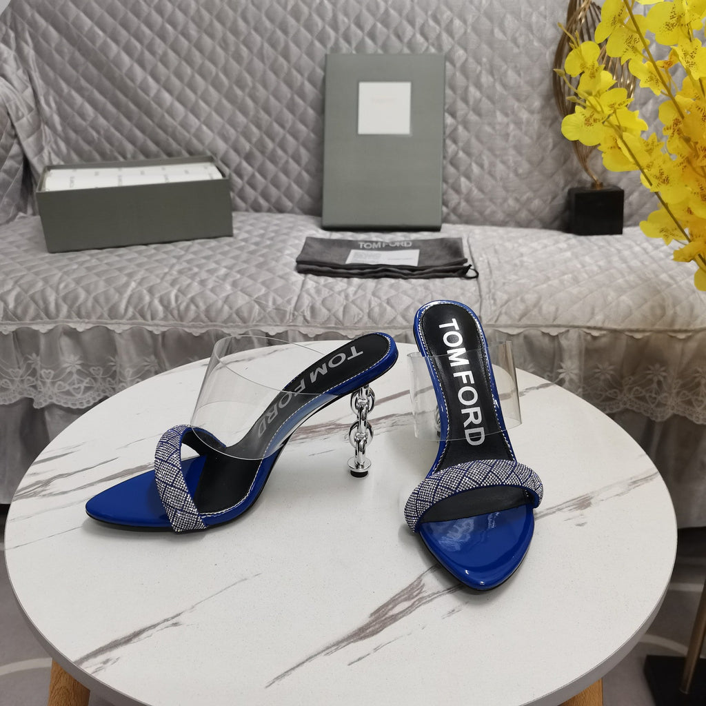 CRYSTAL HIGH HEEL MULE 10 CM IN NAVY BLUE LAMBSKIN