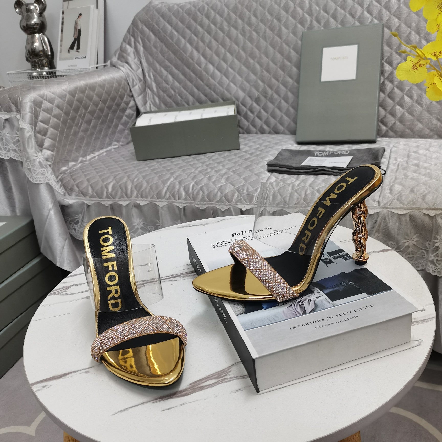 CRYSTAL HIGH HEEL MULE 10 CM IN GOLD LAMBSKIN