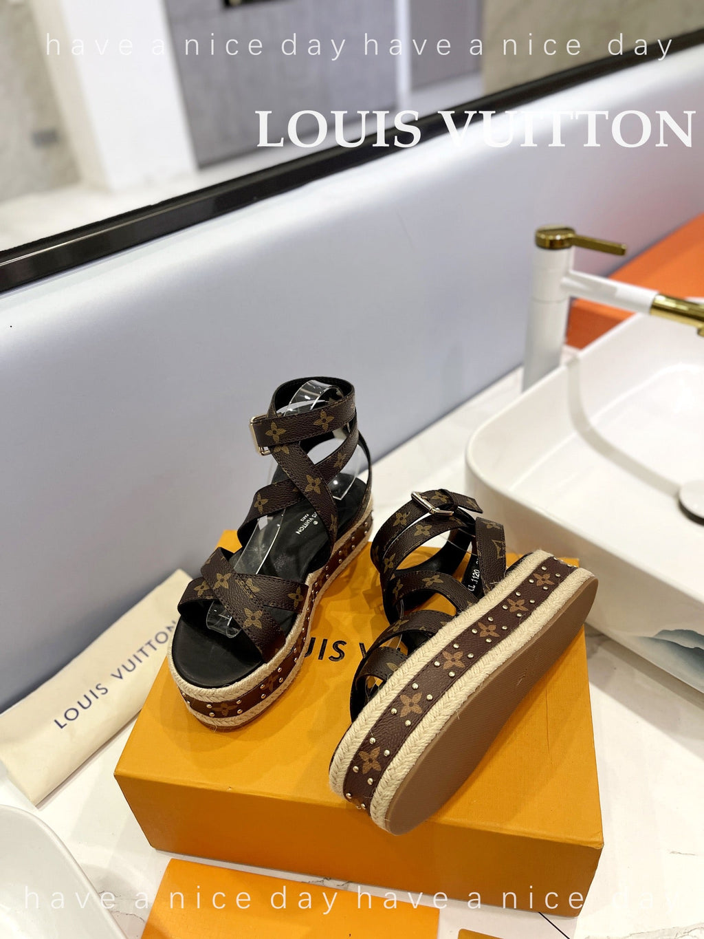 LV 26S STUDDED WEDGE SANDALS 70 MM IN DARK BROWN COATED CANVAS