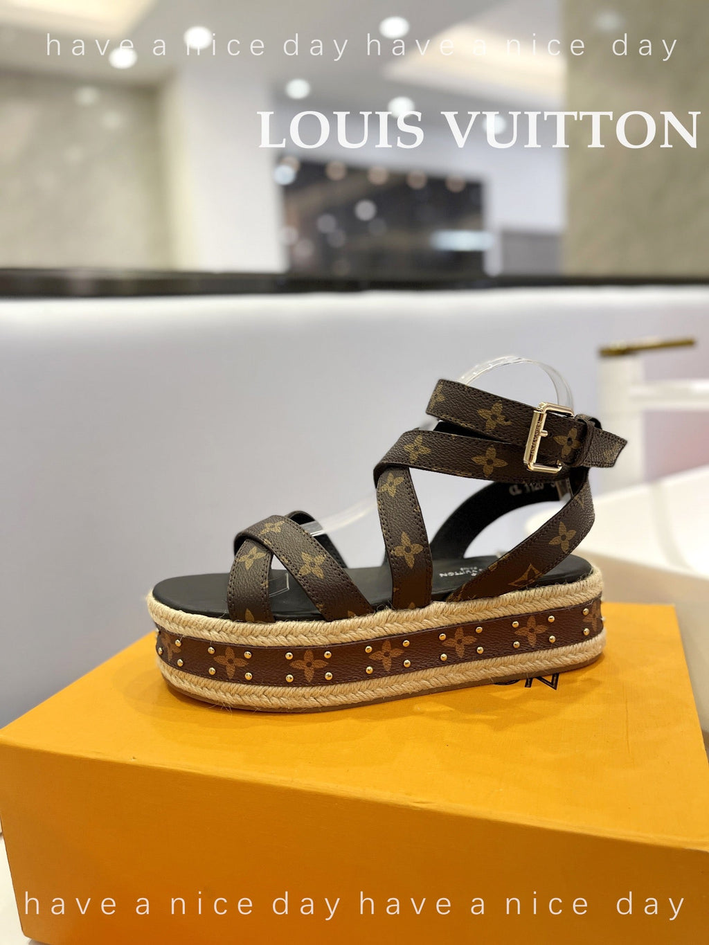 LV 26S STUDDED WEDGE SANDALS 70 MM IN DARK BROWN COATED CANVAS