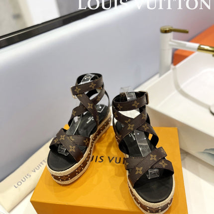 LV 26S STUDDED WEDGE SANDALS 70 MM IN DARK BROWN COATED CANVAS