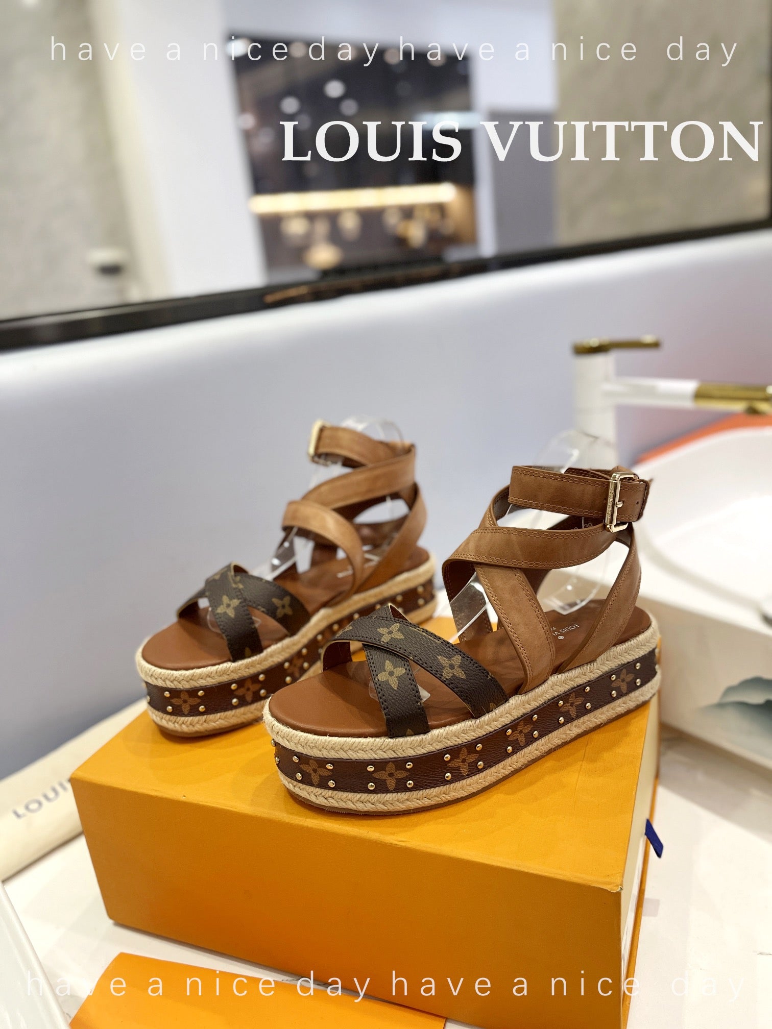 LV 26S STUDDED WEDGE SANDALS 70 MM IN BROWN COATED CANVAS AND LAMBSKIN