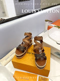 LV 26S STUDDED WEDGE SANDALS 70 MM IN BROWN COATED CANVAS AND LAMBSKIN
