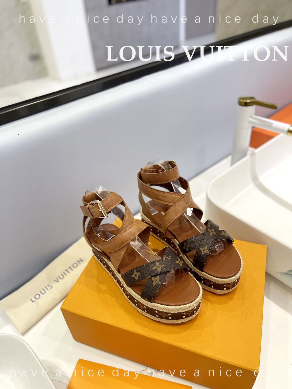 LV 26S STUDDED WEDGE SANDALS 70 MM IN BROWN COATED CANVAS AND LAMBSKIN