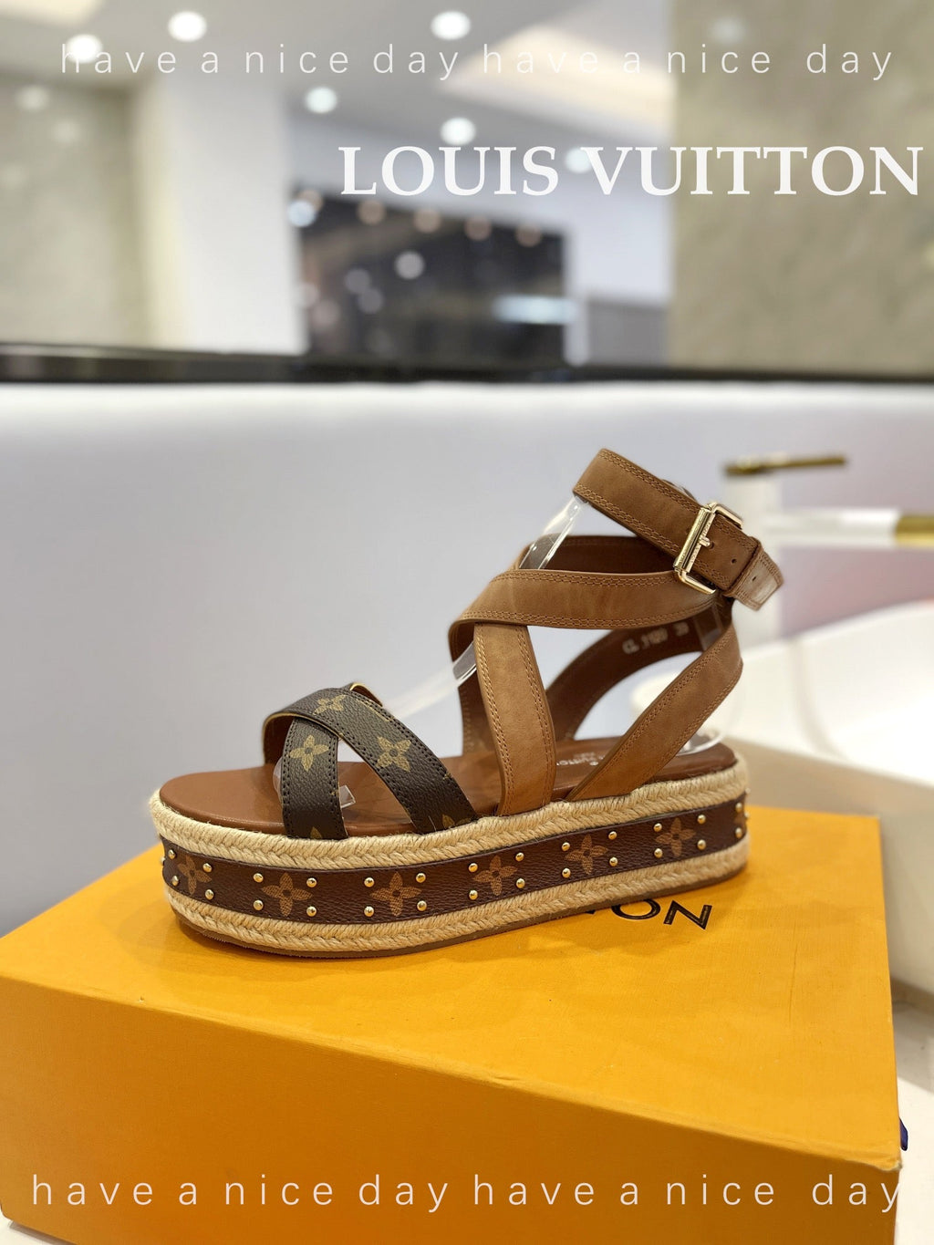 LV 26S STUDDED WEDGE SANDALS 70 MM IN BROWN COATED CANVAS AND LAMBSKIN