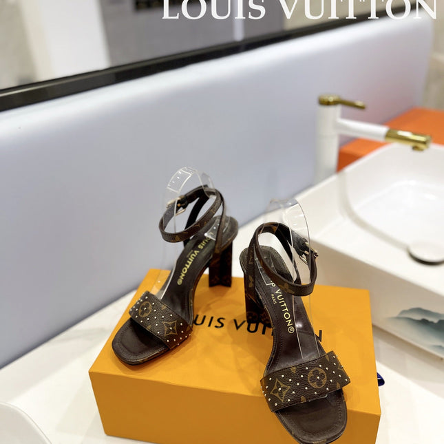 LV 26S HIGH HEEL SANDALS 80 MM IN DARK BROWN MONOGRAM CANVAS WITH STUDS