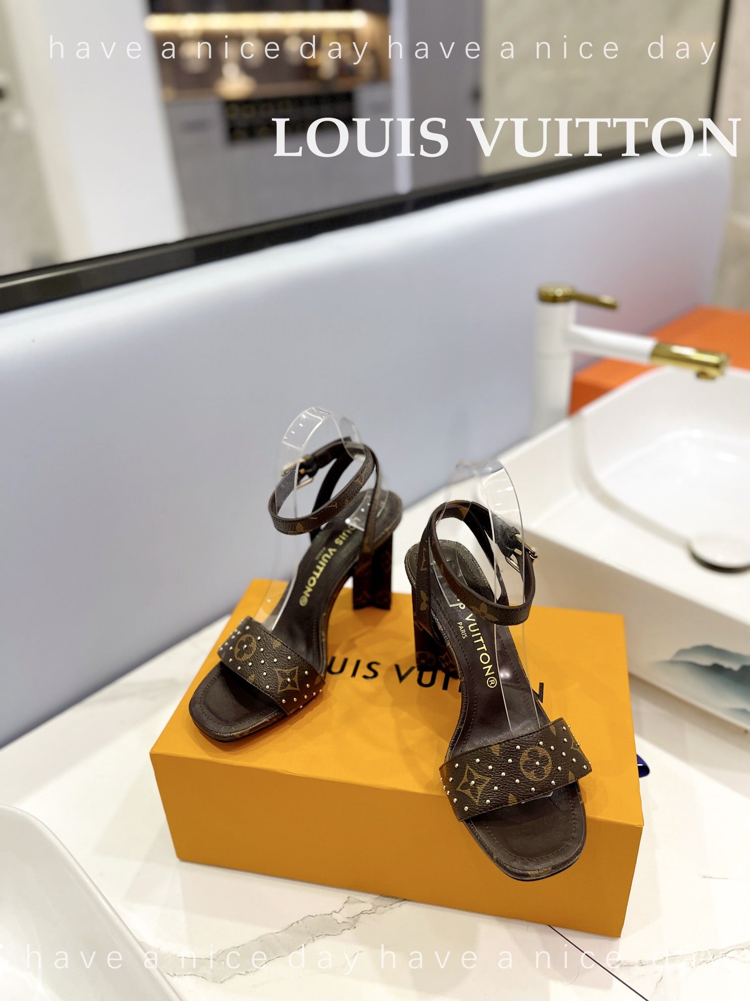 LV 26S HIGH HEEL SANDALS 80 MM IN DARK BROWN MONOGRAM CANVAS WITH STUDS