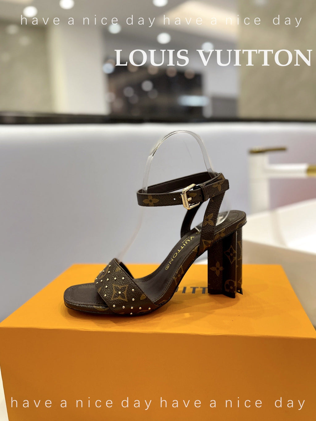 LV 26S HIGH HEEL SANDALS 80 MM IN DARK BROWN MONOGRAM CANVAS WITH STUDS