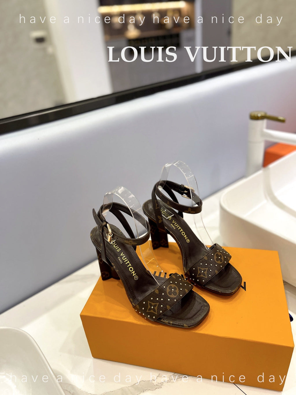 LV 26S HIGH HEEL SANDALS 80 MM IN DARK BROWN MONOGRAM CANVAS WITH STUDS